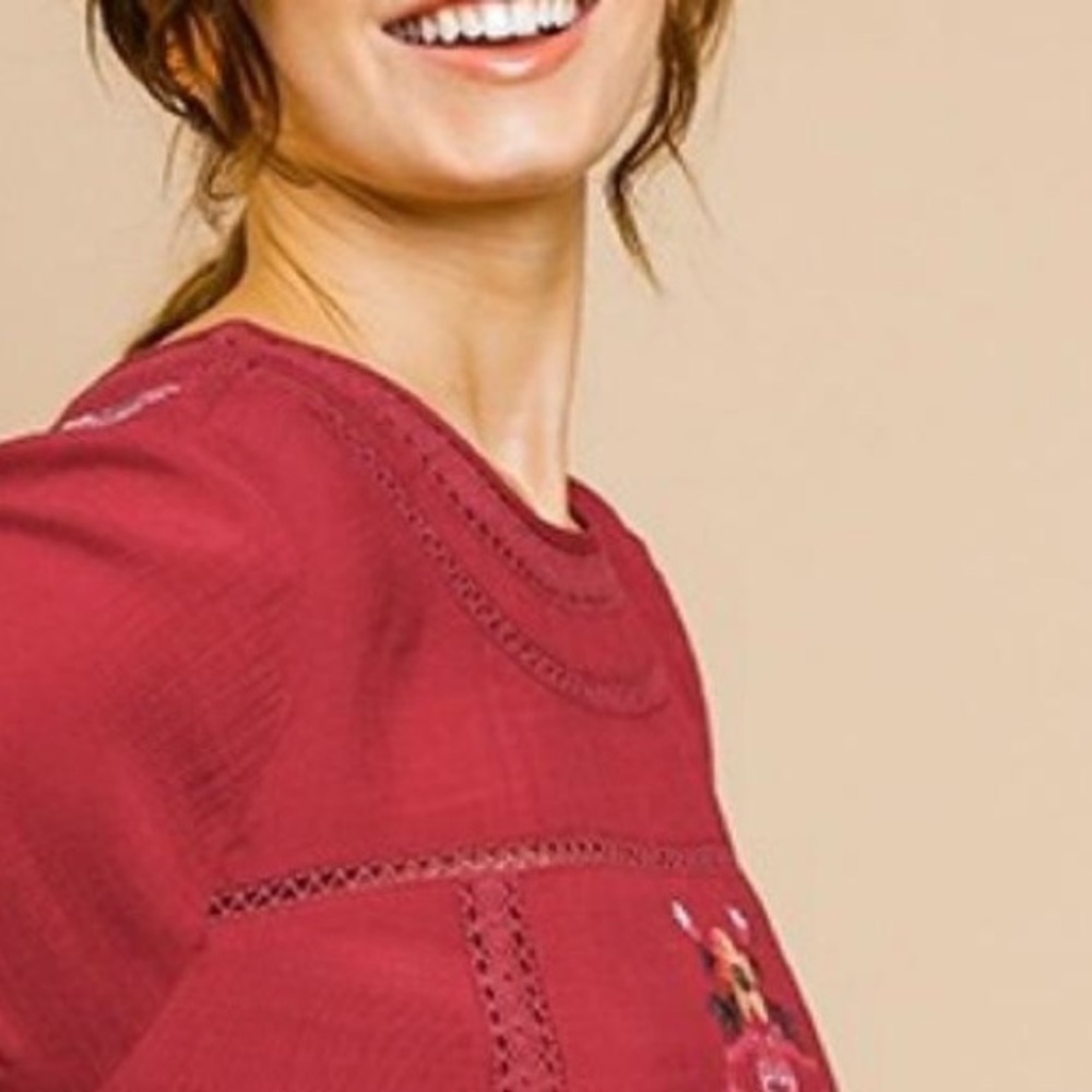 Umgee Boho Embroidered Burgundy Lace Shift Dress Spring Brunch Vacation  Size S - Picture 7 of 12